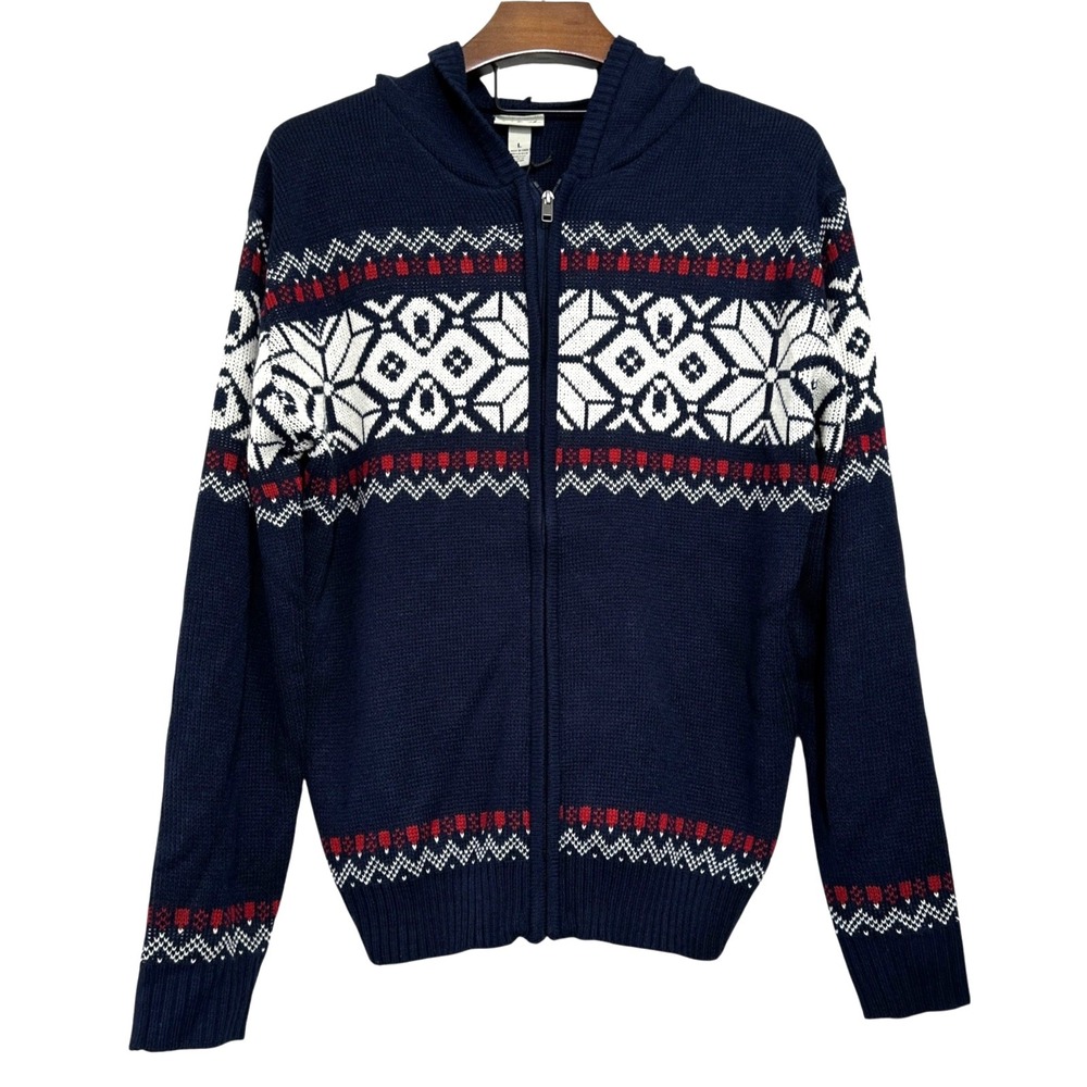 BLACK SMITH Navy‎ Blue Nordic Fair Isle Mens Hooded Sweater Full Zip NWT Large